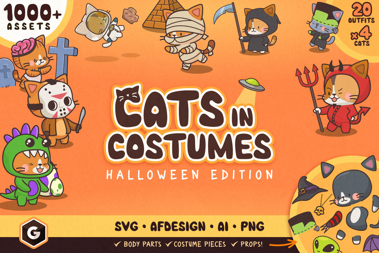 Cats in Costumes Halloween Edition - Cute Vector Illustrations