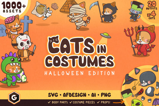 Cats in Costumes Halloween Edition - Cute Vector Illustrations